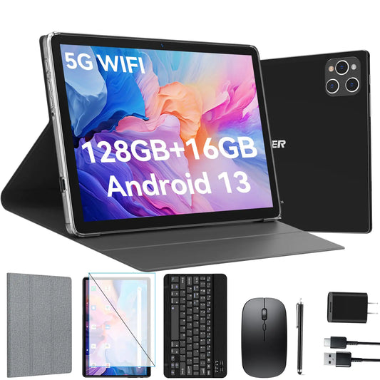 Android Tablet 10 Inch 2024 Latest Android 13 Tablet 128GB Storage+16GB RAM (8+8Virtual) Octa-Core Processor 5G WiFi Tablet 2 in 1 Tablet with Keyboard and Case 13MP+8MP Dual Camera GPS Black